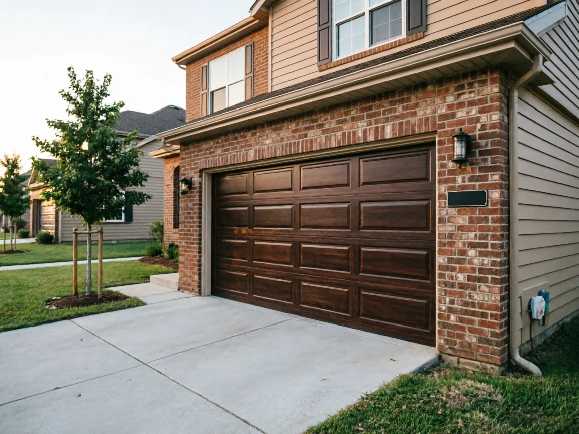 The garage door is dark brown with panels, set in a brick house.