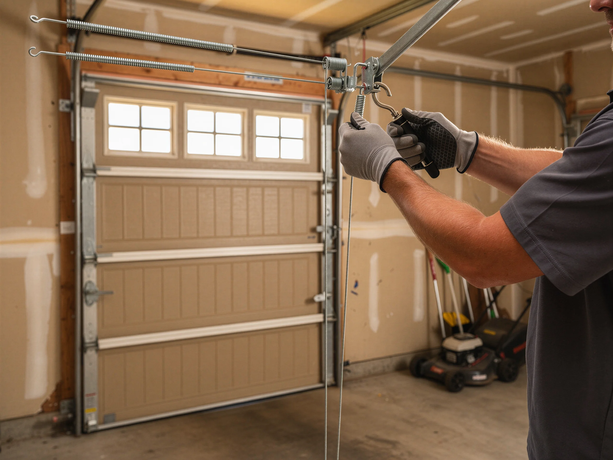 A technician wearing gloves adjusts a garage door extension spring.