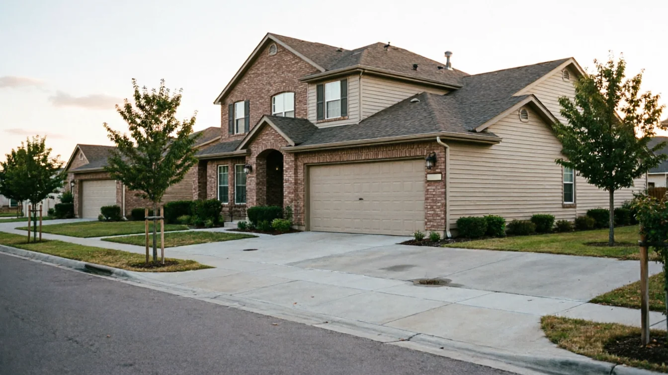 A two-story brick and siding house has a tan garage door.